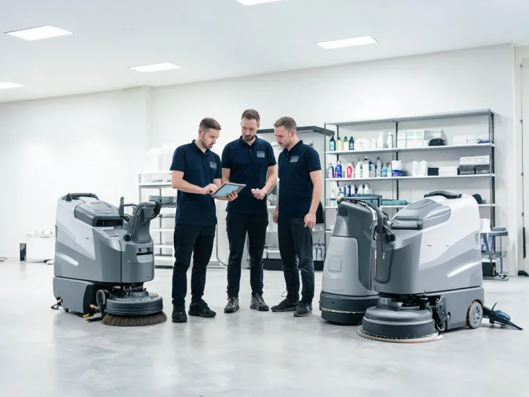 Nilfisk team reviewing cleaning equipment in a service center