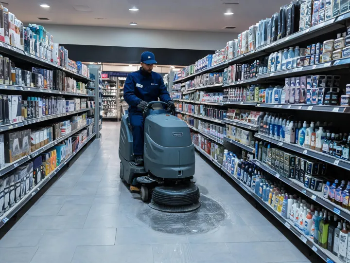 Operator using a compact floor scrubber in a retail aisle