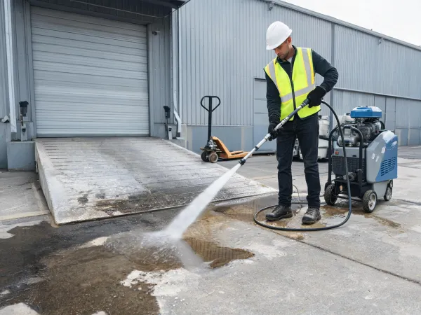 Pressure washer cleaning service yard equipment