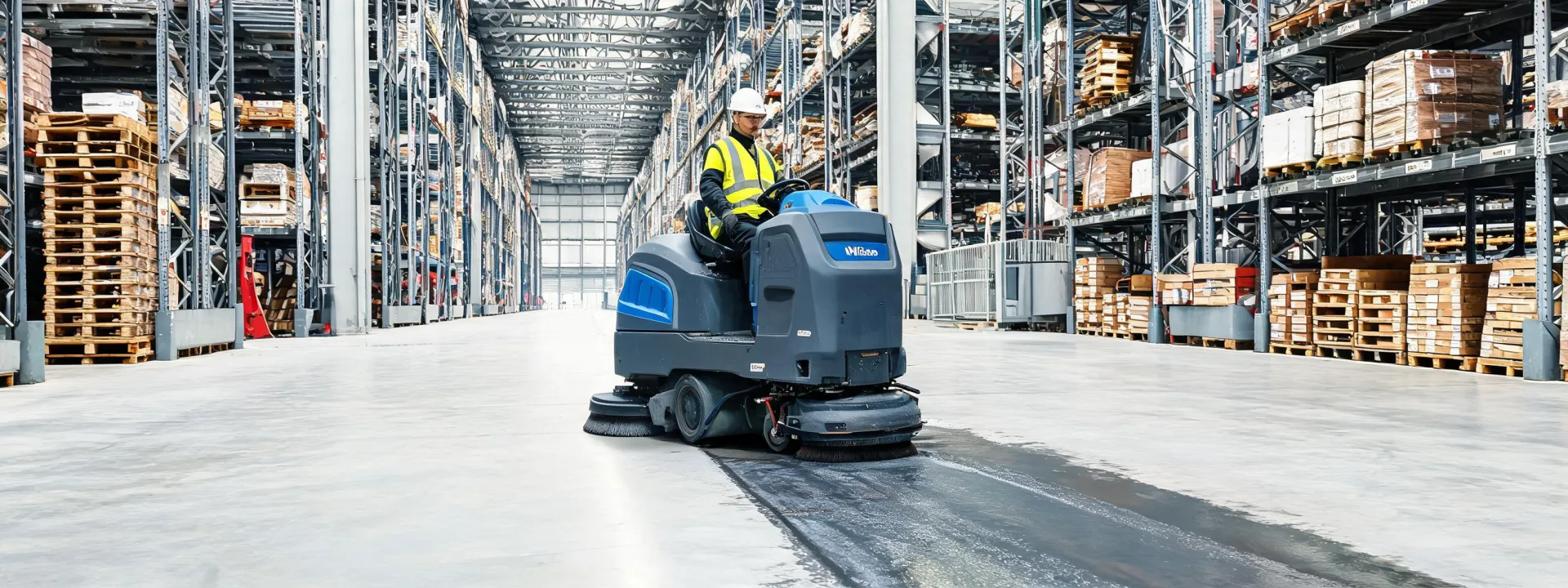 Ride-on Nilfisk floor scrubber cleaning a logistics aisle