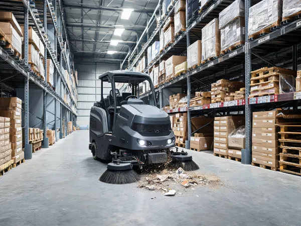 Commercial floor sweeper in warehouse aisle