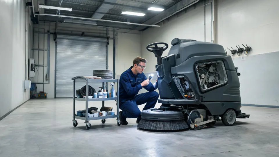 Service technician inspecting a Nilfisk floor scrubber